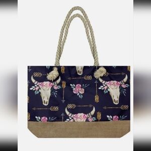 Watercolor COW SKULL ARROW & FLOWERS WEEKENDER TOTE BAG w/ Burlap bottom NWT